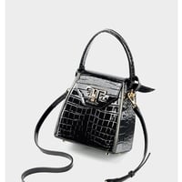 Women Genuine Leather Handbags Crocodile Pattern Handheld Cross Bag Black - Thumbnail 1