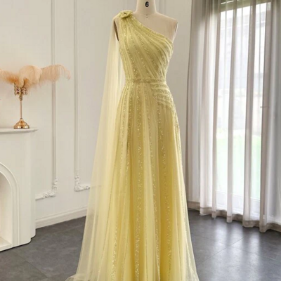 One shoulder luxury yellow evening dress with beading
