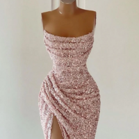 Gorgeous A Line Pink Sequined Sleeveless Prom Dress With Slit - Thumbnail 1