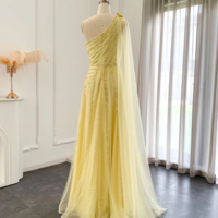 One Shoulder Luxury Yellow Evening Dress with Beading - Thumbnail 2