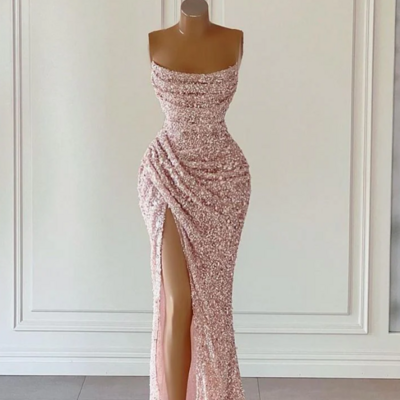 Gorgeous a line pink sequined sleeveless prom dress with slit