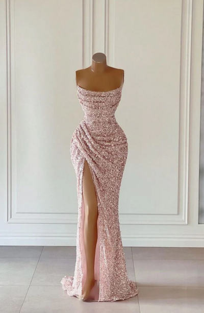 Gorgeous A Line Pink Sequined Sleeveless Prom Dress With Slit