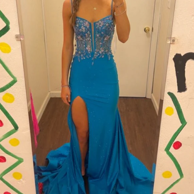 Spaghetti strap gorgeous exquisite beaded blue satin high slit prom dresses