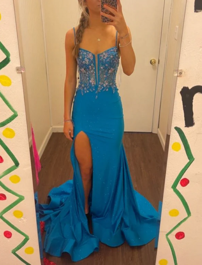 Spaghetti strap gorgeous exquisite beaded blue satin high slit prom dresses