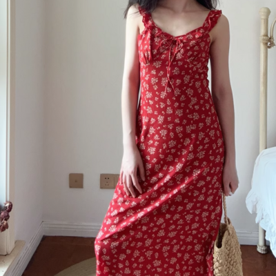 Flying sleeves floral dress seaside long dress summer island vacation suspender dress