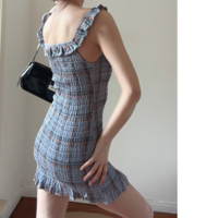 Retro style ruffled one-shoulder pleated slim-fit plaid hip dress - Thumbnail 5