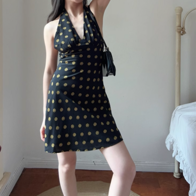 Holiday style polka dot silk sexy deep v neck strap halter dress