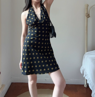 Holiday Style Polka Dot Silk Sexy Deep V Neck Strap Halter Dress