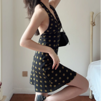 Holiday Style Polka Dot Silk Sexy Deep V Neck Strap Halter Dress - Thumbnail 1