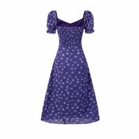 Purple background printed style holiday casual puff sleeve dress - Thumbnail 1