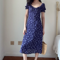 Purple background printed style holiday casual puff sleeve dress - Thumbnail 2