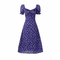 Purple background printed style holiday casual puff sleeve dress - Thumbnail 3