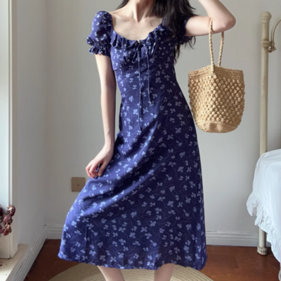Purple background printed style holiday casual puff sleeve dress