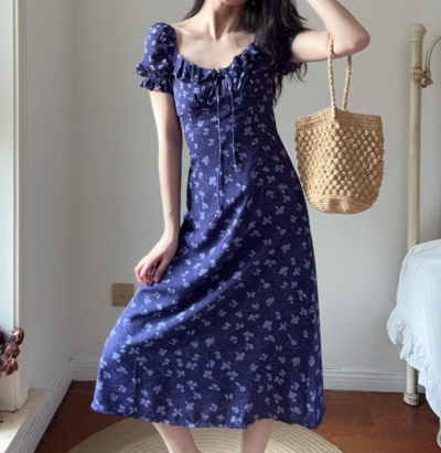 Purple background printed style holiday casual puff sleeve dress
