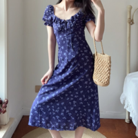 Purple background printed style holiday casual puff sleeve dress - Thumbnail 4