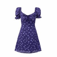 Square Neck Collarbone Revealing Puff Sleeve Printed A-Line Dress - Thumbnail 3