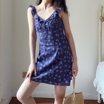 Temperament leisure holiday style ruffle drawstring print short skirt dress