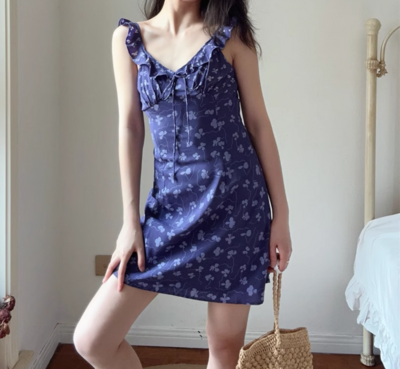 Temperament leisure holiday style ruffle drawstring print short skirt dress