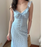 V-neck drawstring ruffled hem slim fit plaid small flying sleeve dress - Thumbnail 1