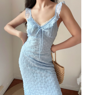 V-neck drawstring ruffled hem slim fit plaid small flying sleeve dress