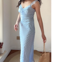 V-neck drawstring ruffled hem slim fit plaid small flying sleeve dress - Thumbnail 4