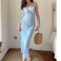 V-neck drawstring ruffled hem slim fit plaid small flying sleeve dress - Thumbnail 6