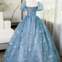 Beautiful A-Line Lace Gray Blue Long Puff Sleeves Prom Dresses - Thumbnail 1