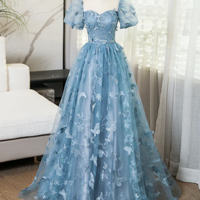 Beautiful a-line lace gray blue long puff sleeves prom dresses