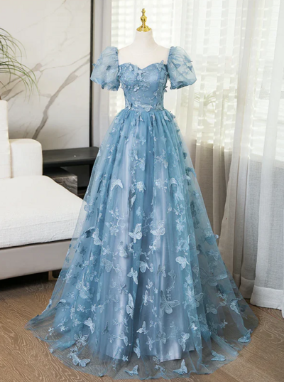 Beautiful A-Line Lace Gray Blue Long Puff Sleeves Prom Dresses