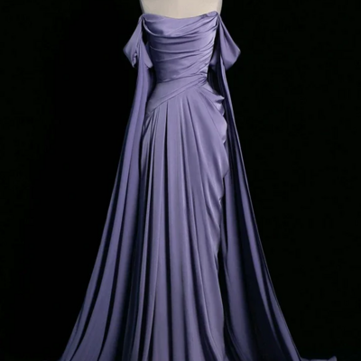 Off shoulder satin purple mermaid prom dresses