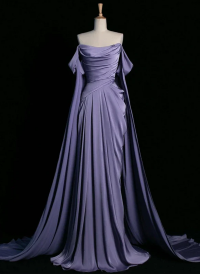 Off Shoulder Satin Purple Mermaid Prom Dresses
