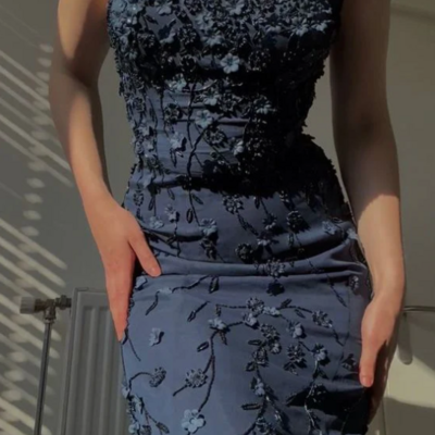 Chic spaghetti straps navy blue long prom dress with 3d applique 