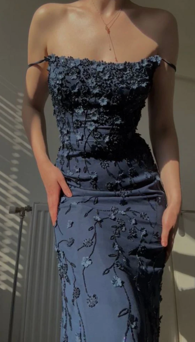 Chic Spaghetti Straps Navy Blue Long Prom Dress With 3D Applique 