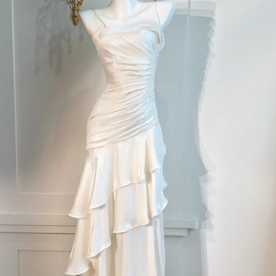 White gentle ruffled layered birthday dress retro prom dress