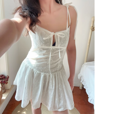 Lace-up hollow embroidery suspender skirt holiday style lace-up dress