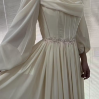 Dubai Beige Long Sleeves Tea Length Arabic Evening Dress with Belt  - Thumbnail 1