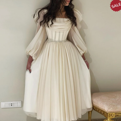 Dubai beige long sleeves tea length arabic evening dress with belt 