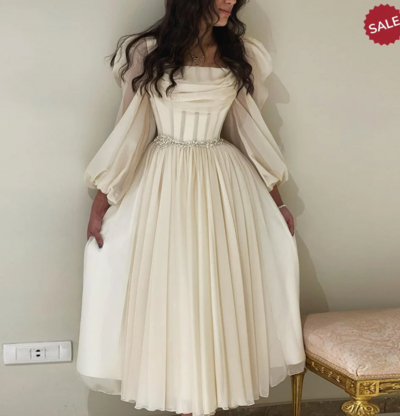 Dubai Beige Long Sleeves Tea Length Arabic Evening Dress with Belt 
