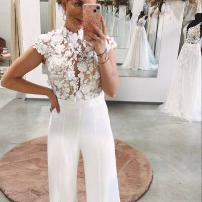 Simple two pieces lace wedding jumpsuit bridal jumpsuit