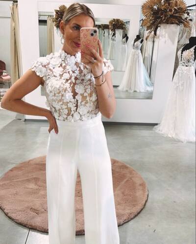SImple Two Pieces Lace Wedding Jumpsuit Bridal Jumpsuit