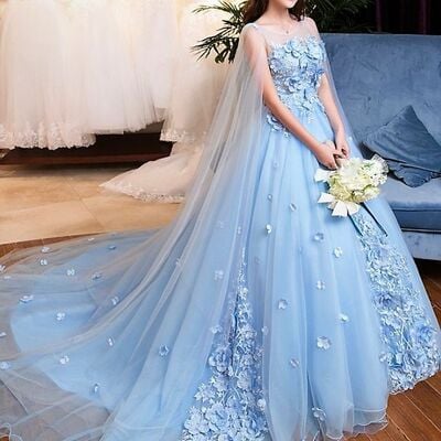 Elegant ball gown blue lace appliques wedding dress bridal gown wedding gown
