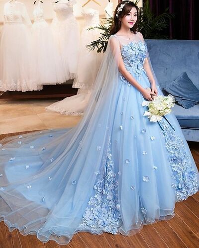 Elegant Ball Gown Blue Lace Appliques Wedding Dress Bridal Gown Wedding Gown
