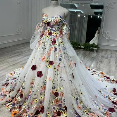 Handmade flowers floral  a-line wedding dress bridal gown wedding gown
