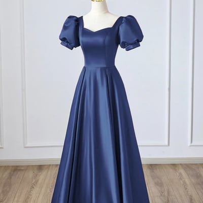 Navy satin long a-line prom party dress - Thumbnail 2