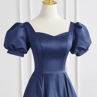 Navy Satin Long A-Line Prom Party Dress - Thumbnail 1