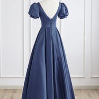 Navy Satin Long A-Line Prom Party Dress - Thumbnail 2