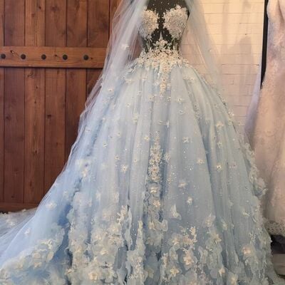 Luxury ball gown blue 3d handmade flowers blue wedding dress bridal gown wedding gown