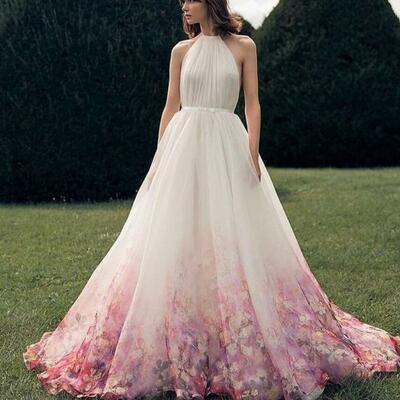 Dyed flowers floral a line wedding dress bridal gown wedding gown