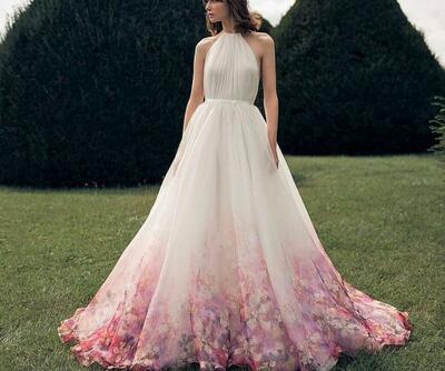 Dyed Flowers Floral A Line Wedding Dress Bridal Gown Wedding Gown