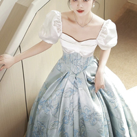 White and Blue Printed Pattern Long A-Line Prom Party Dress - Thumbnail 1